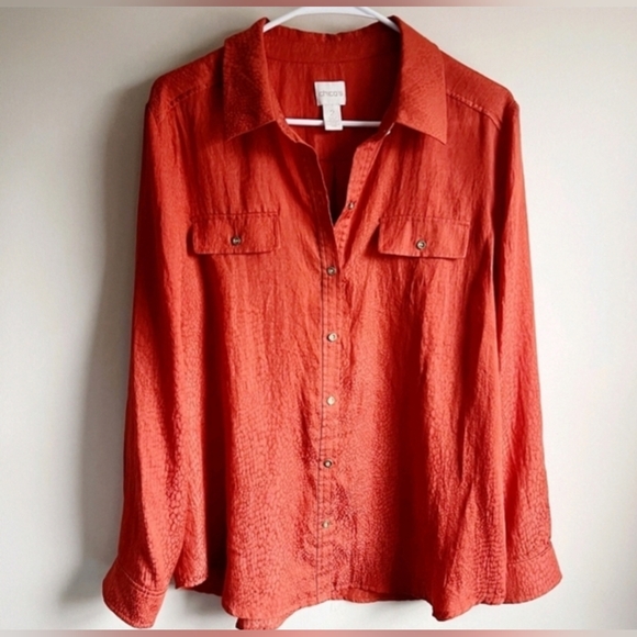 Chicos Rust Button Down Shirt & Floral Long Sleeve Top 2pc Set EUC - Picture 9 of 9